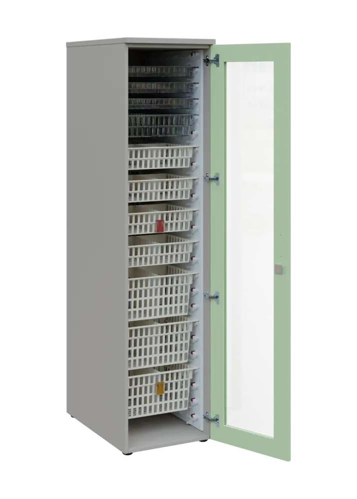 EUROMEDICA S - 46 skříň léková boxová, 1-dveřová/prosklená, pravá, 1950x460x735, korpus šedý, dvířka šedo-zelinkavá